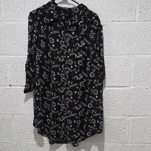 Black Graphic Print Button-Up Shirt BeetleJuice
